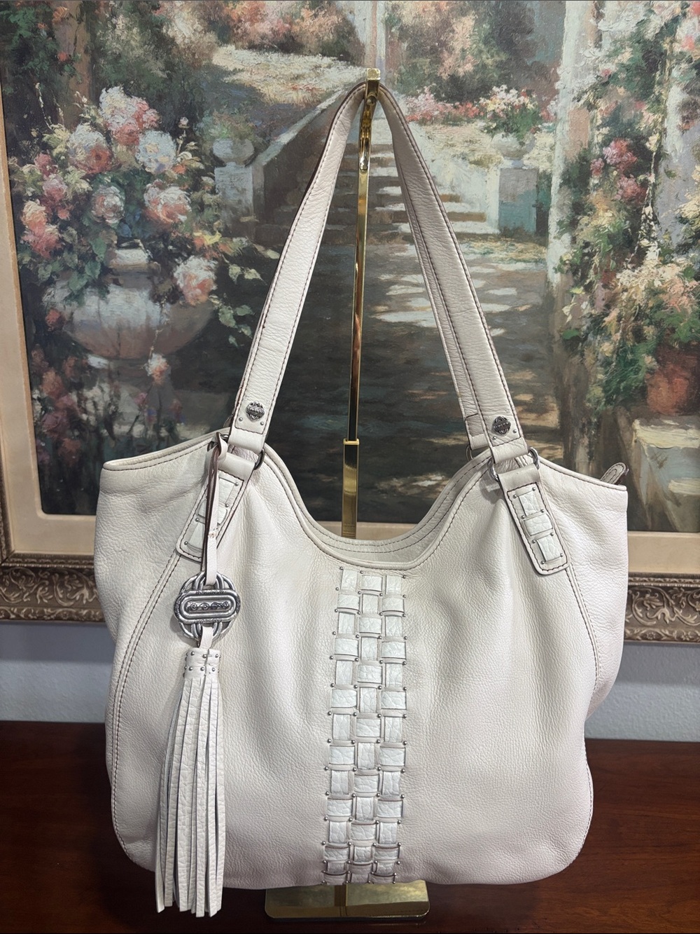 Brighton Cream Leather Shoulder Bag with Tassel